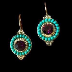 French hook purple crystal blue bead accent statement earrings